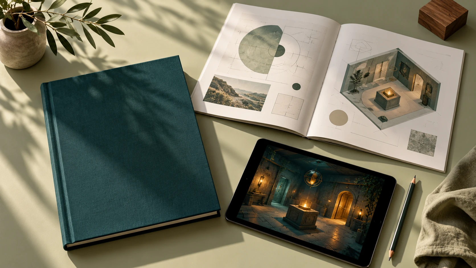 A printed business-plan book and tablet arranged on a clean desk beside simple architectural materials