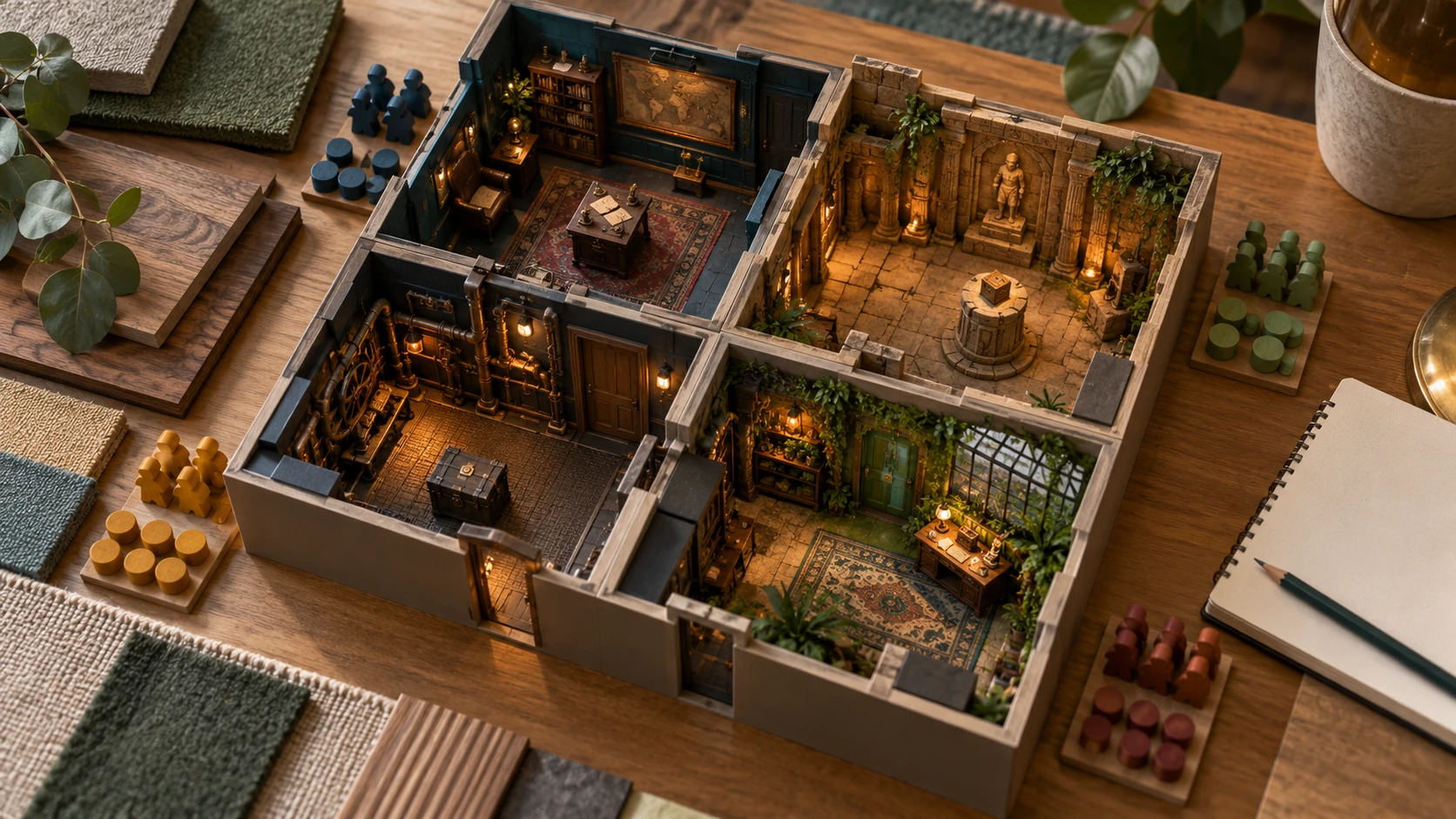 A tabletop model of modular escape rooms with coloured booking tokens and replaceable room components