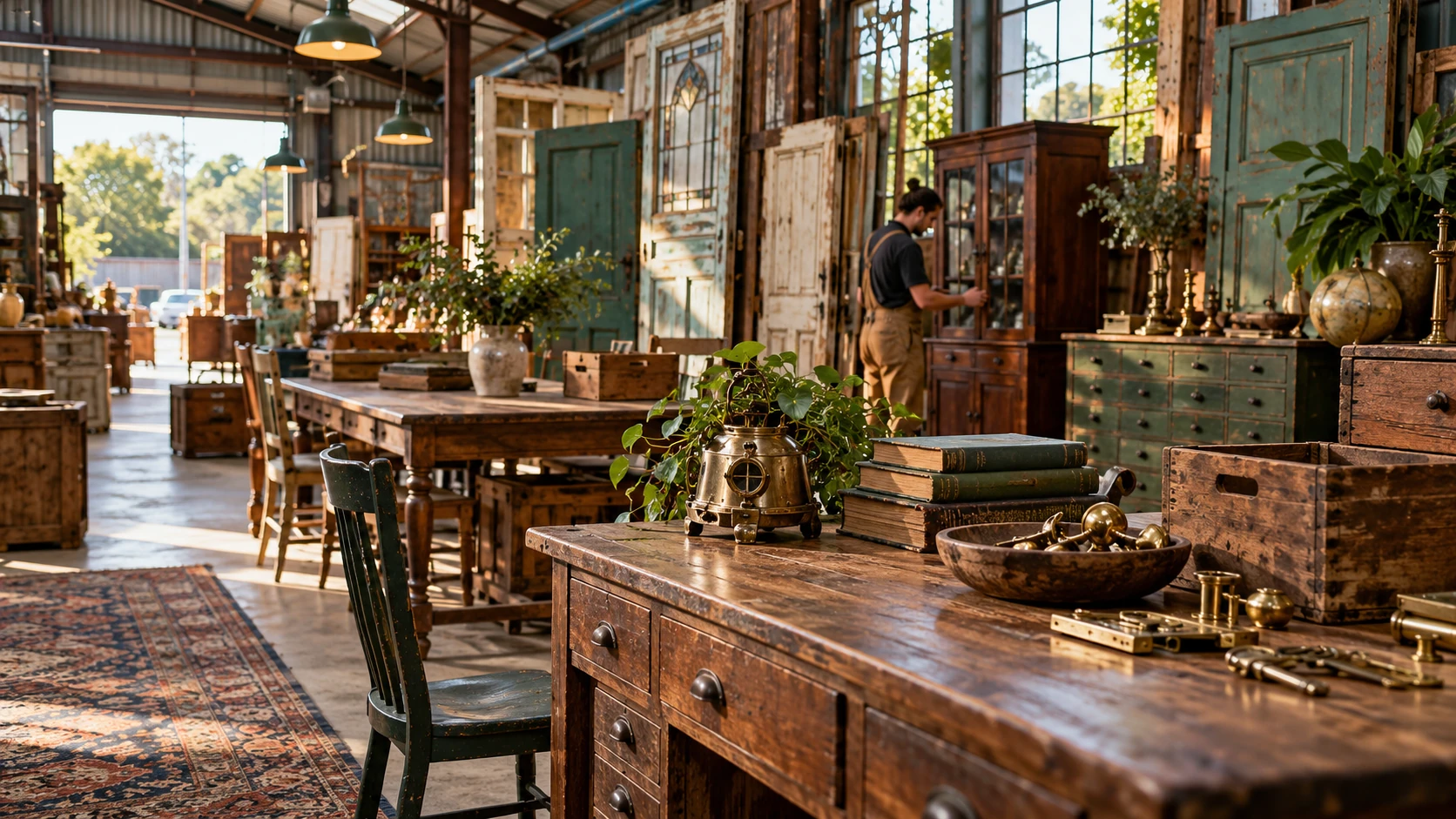 A careful selection of restored furniture, practical tools and room fittings in a bright reuse warehouse