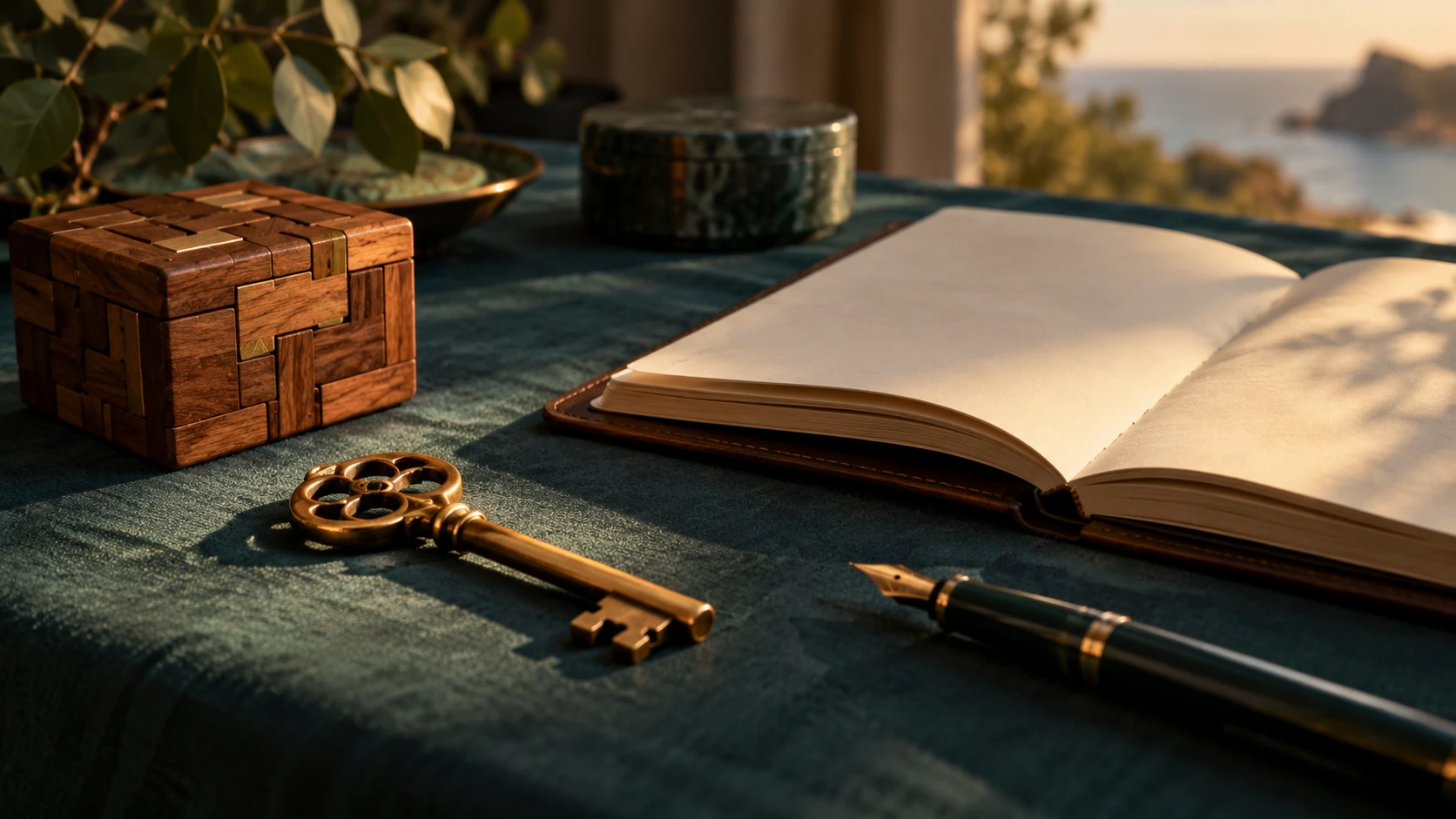 A brass key beside an open blank agreement and a carved timber puzzle box