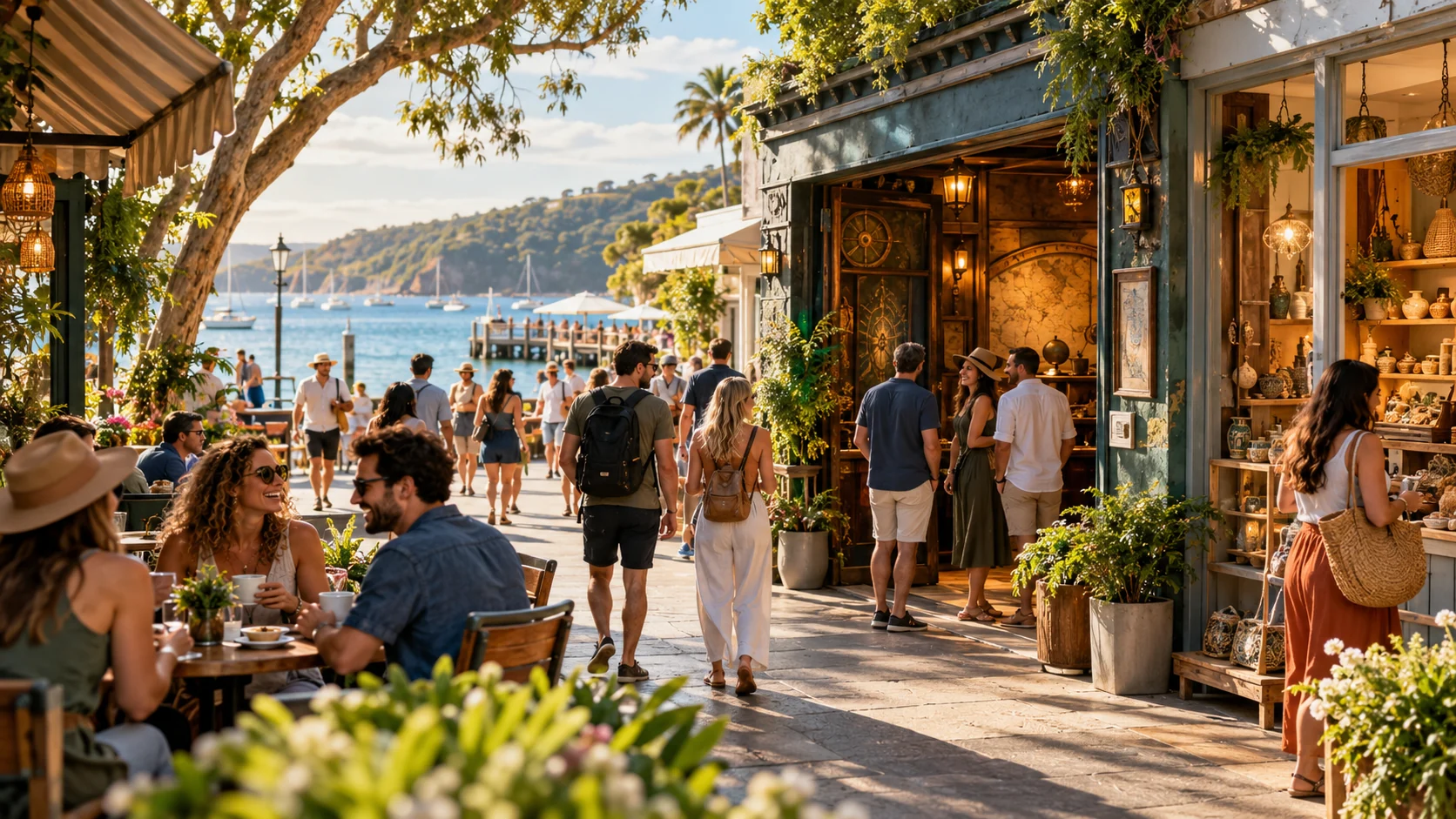 A contemporary Australian coastal town visitor precinct on a pleasant afternoon, several small groups of travellers choosing experiences, a charming immersive puzzle attraction among an independent cafe and local craft shop.