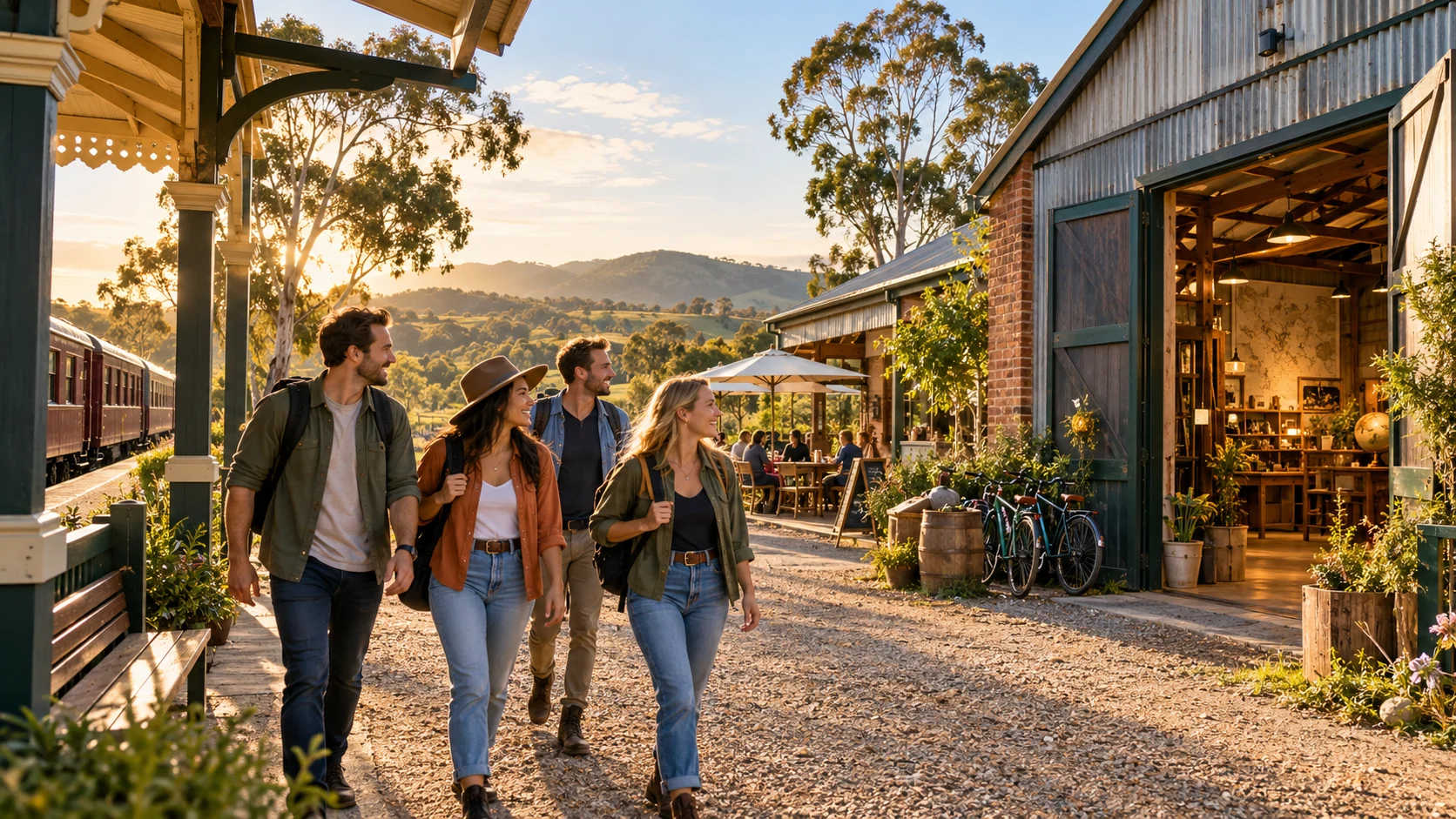 A group of four adult friends on an Australian regional rail and road holiday, stepping from a restored country railway station toward a curious puzzle venue in a former station workshop, bikes and a cafe nearby, rolling hills and eucalyptus, golden morning light.