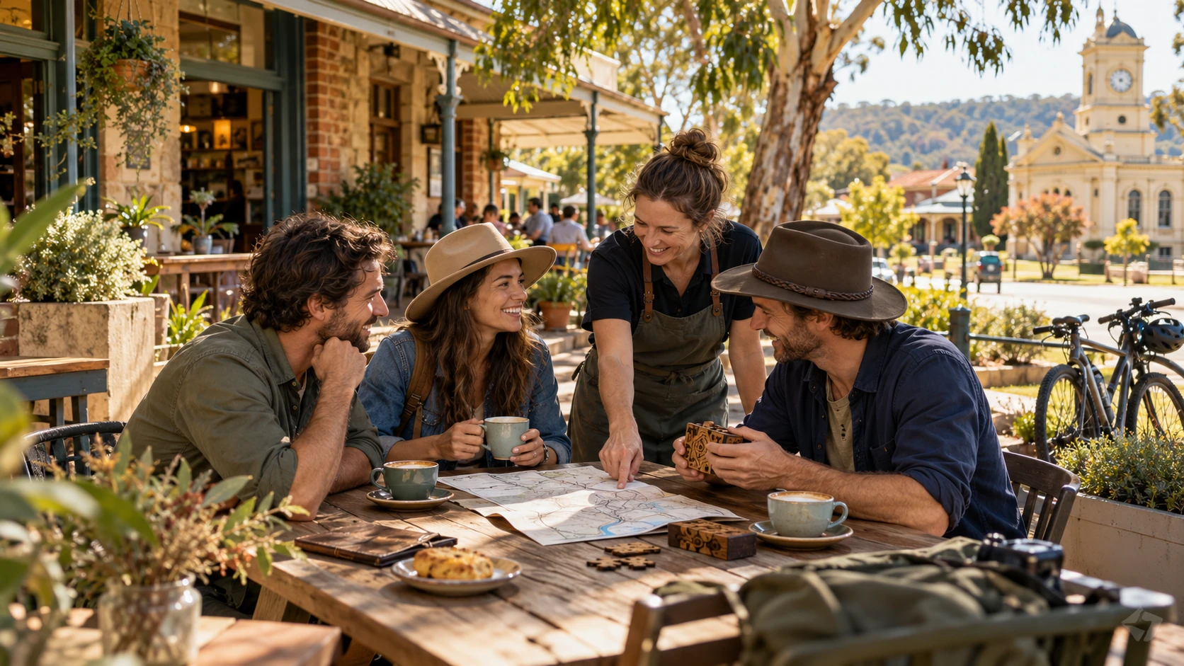 A small visitor group welcomed by local hosts at a regional Australian cafe and visitor centre