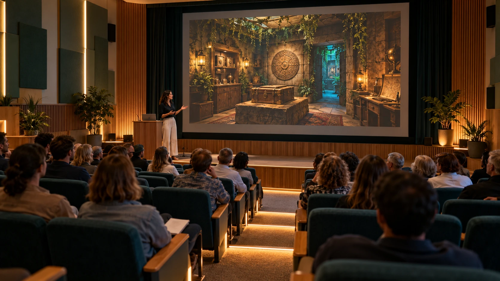 A small immersive venue presentation with local people viewing room concept artwork on a large screen