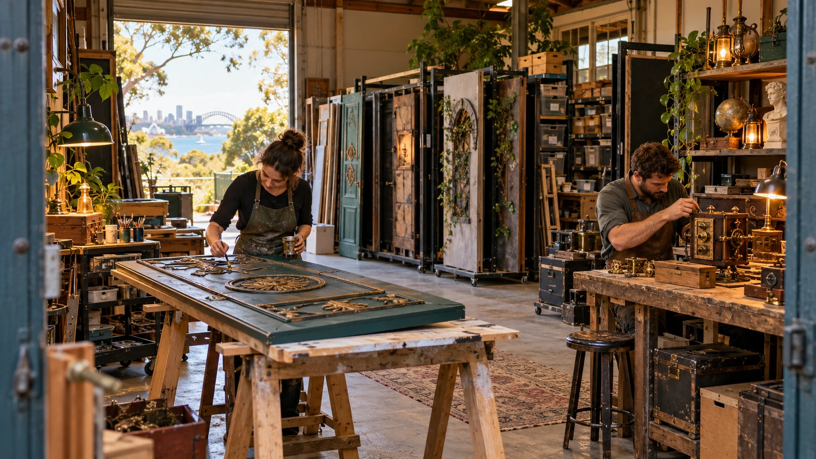 Craft workers refurbishing interchangeable scenic panels and puzzle mechanisms for an escape room