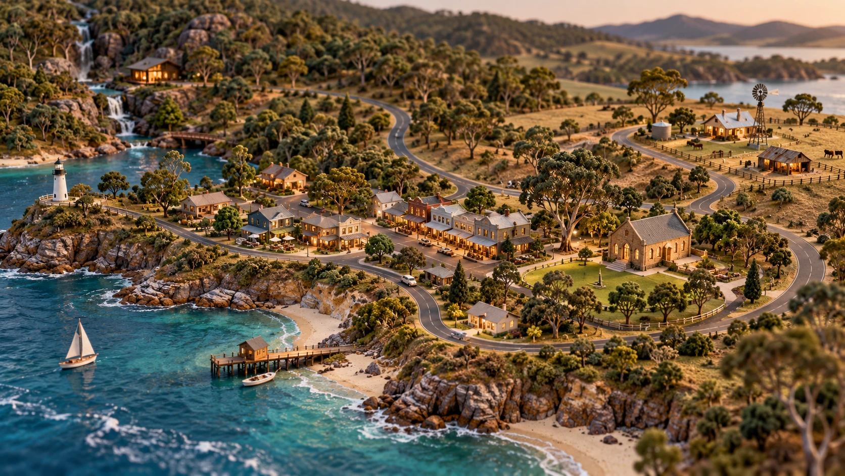 An imaginative miniature Australian coastal and regional landscape linked by winding travel routes