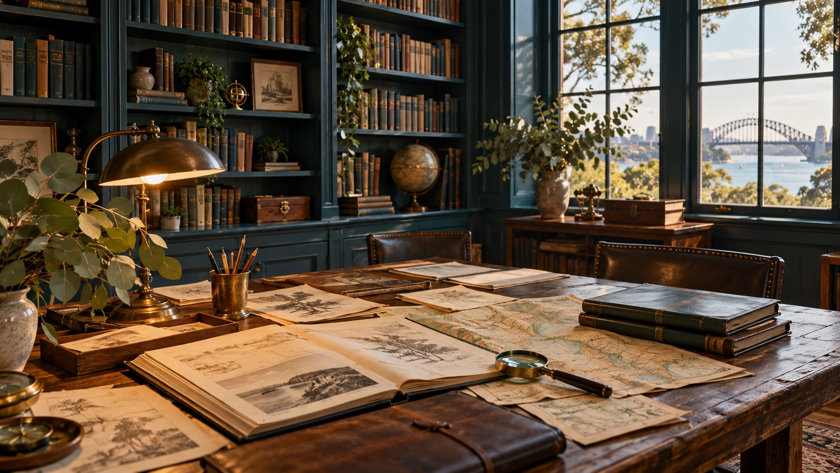 A quiet research library with source books, printed documents and maps arranged for careful reading