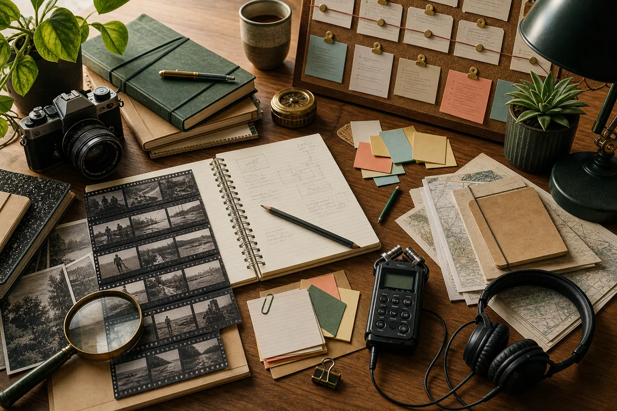 Documentary planning workbench with notes, film frames and source cards
