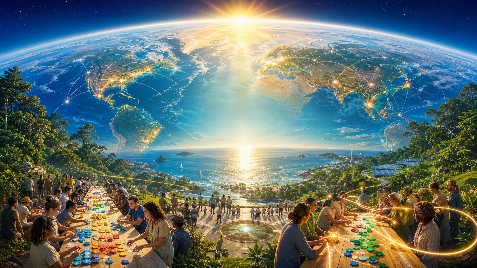 Earth at sunrise with community event tables, travel arcs and public ledger light trails.