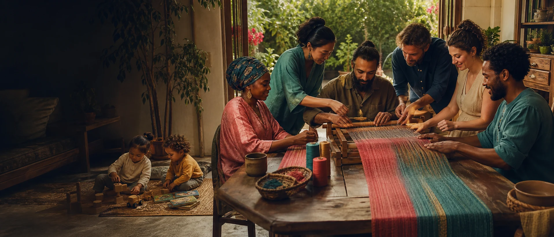 Concept artwork of several adults weaving colourful fabric together around a household table while children play nearby.