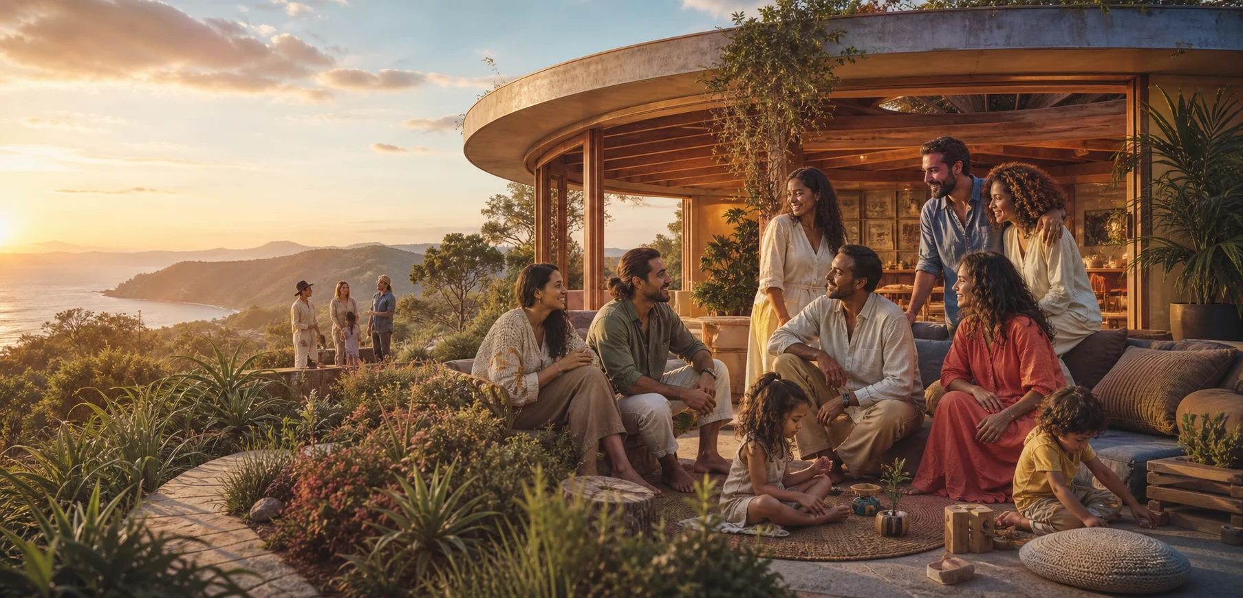 Concept artwork of a loving multi-adult family and children gathering at a circular coastal home at sunrise.