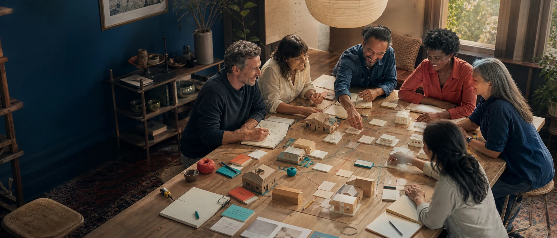 Concept artwork of adults around a table with notebooks, choice cards and a warm model of a shared home.