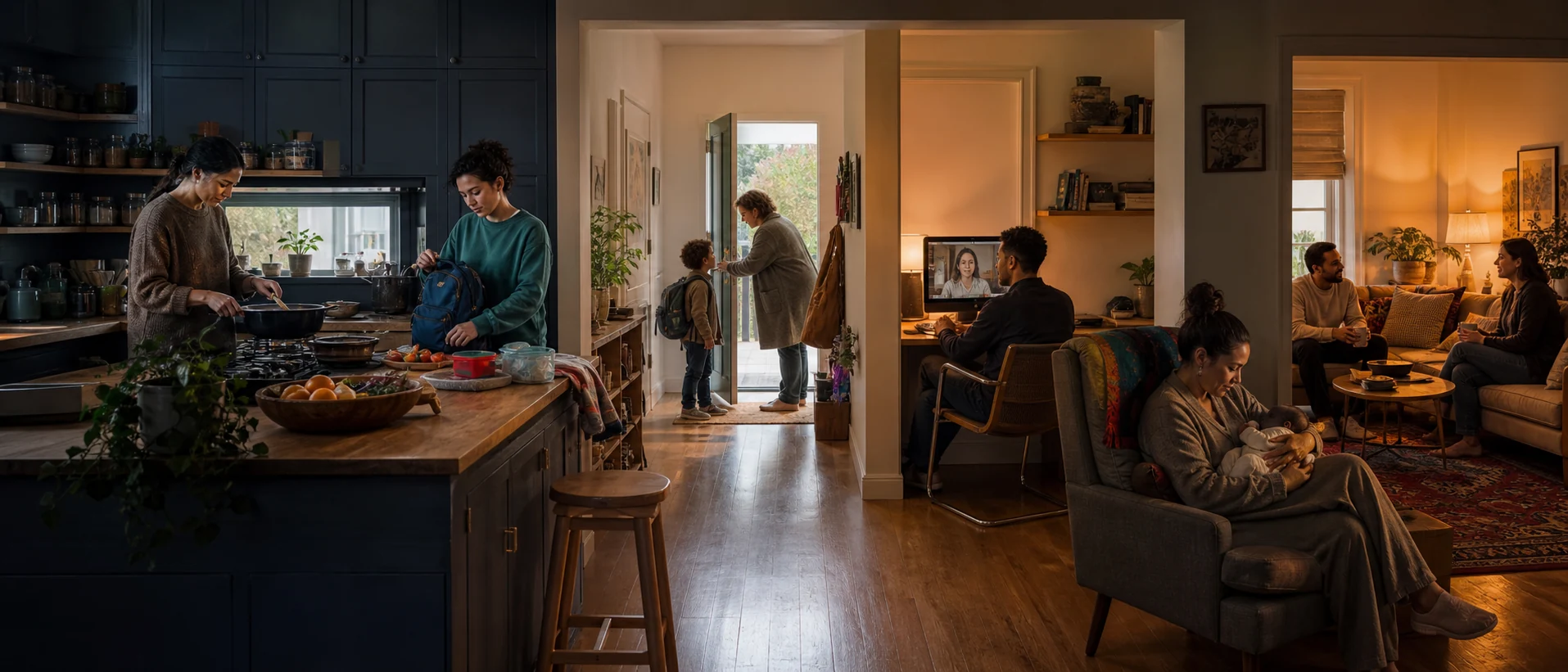 Concept artwork showing one multi-adult family sharing care, work and everyday life across the connected rooms of a warm home.
