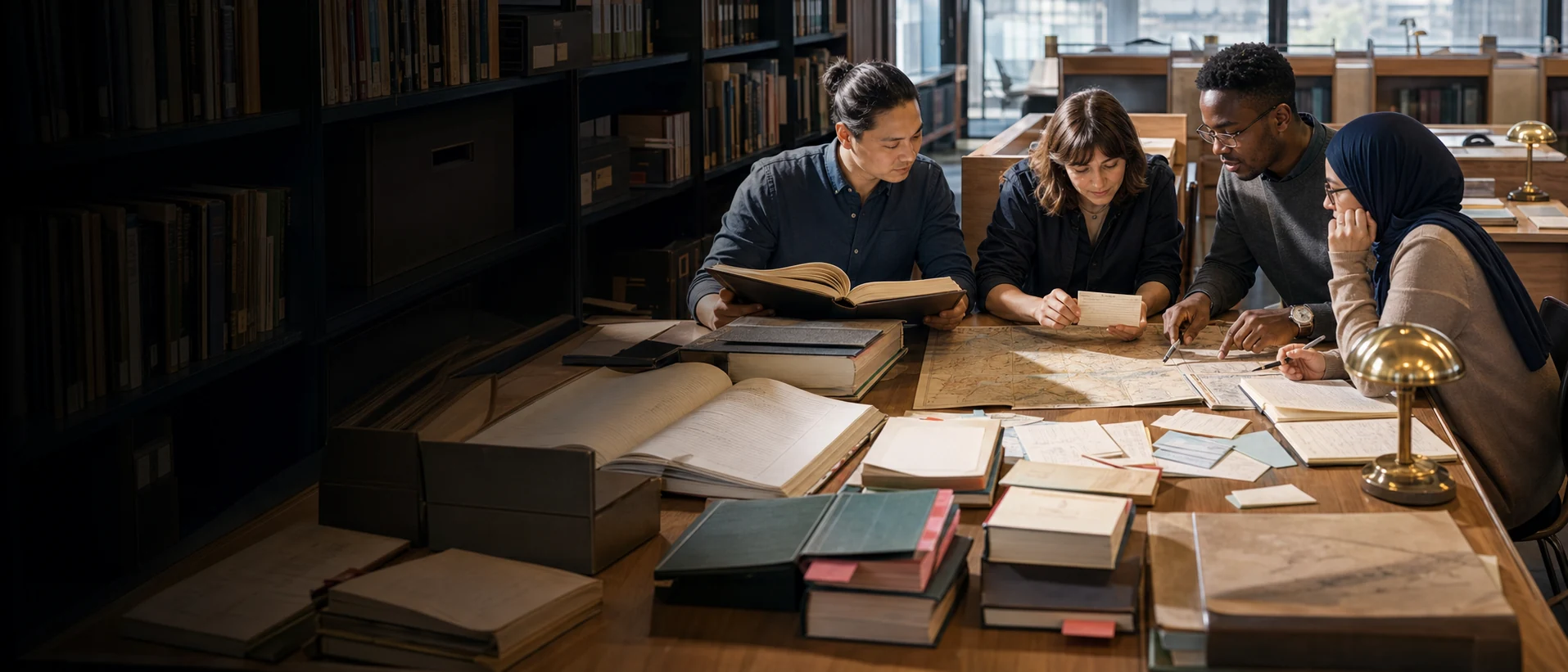 Concept artwork of a luminous library table with source books, world maps, notes and dated research receipts.