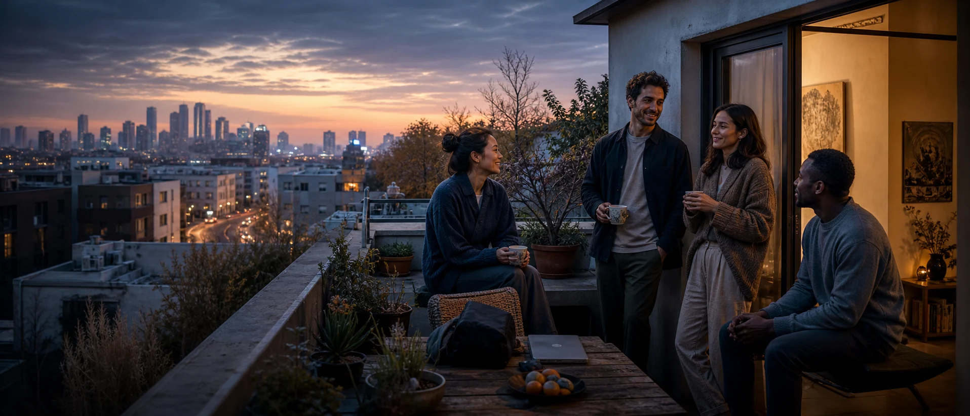 Concept artwork of adults considering family life beside a city, home and changing climate at dawn.