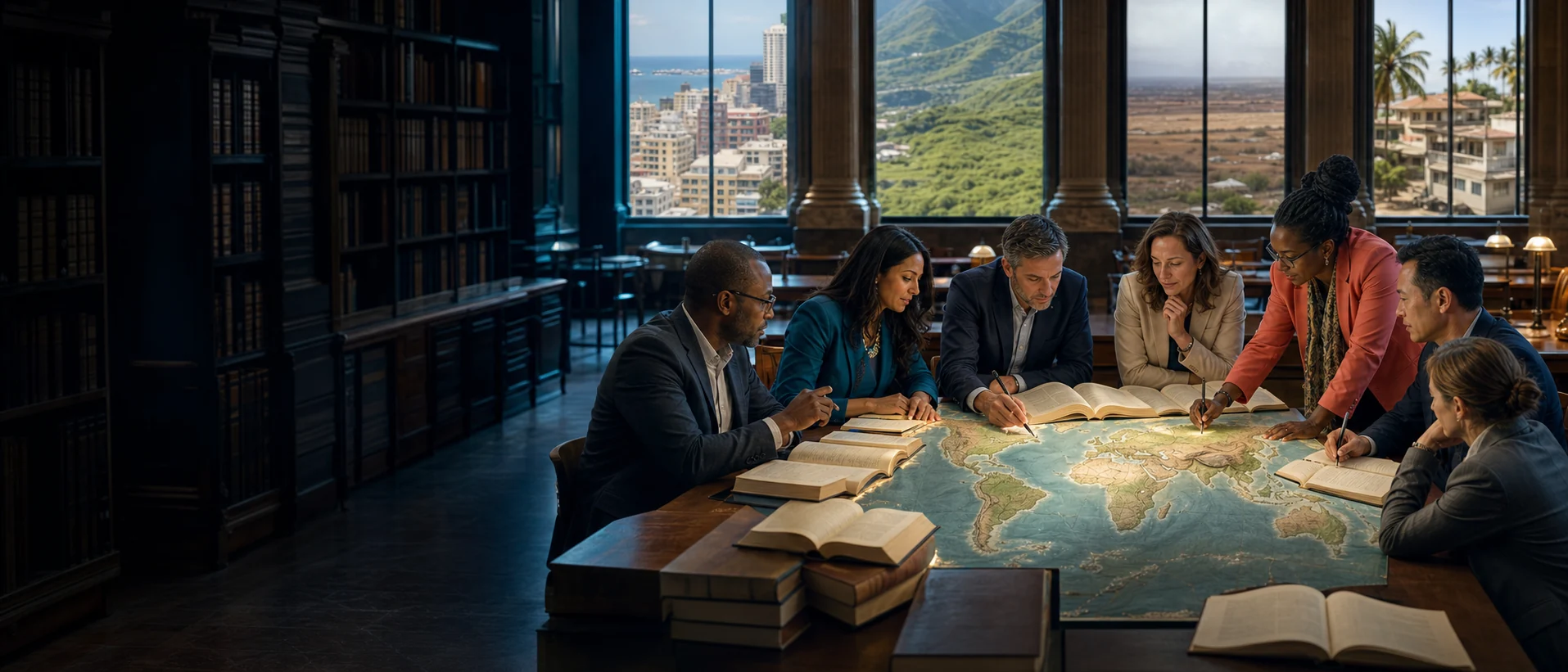 Concept artwork of an illuminated world map, civic landscapes and open legal source books.