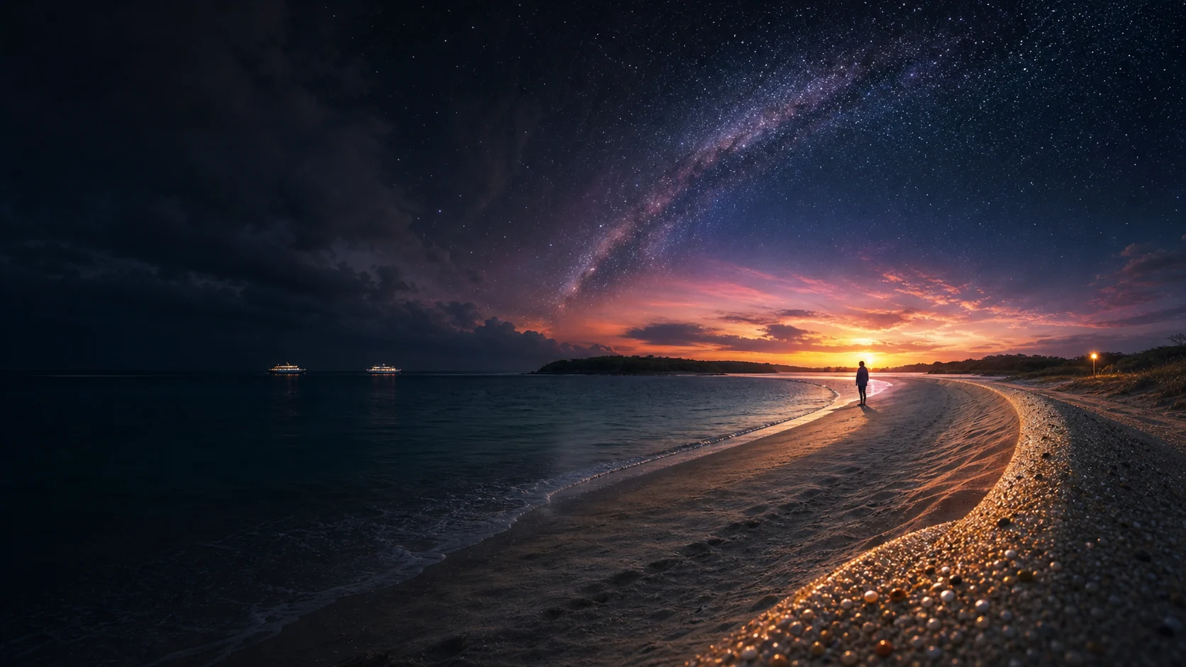 A lone figure on a curving sand island shore where warm dawn meets a star-filled night.