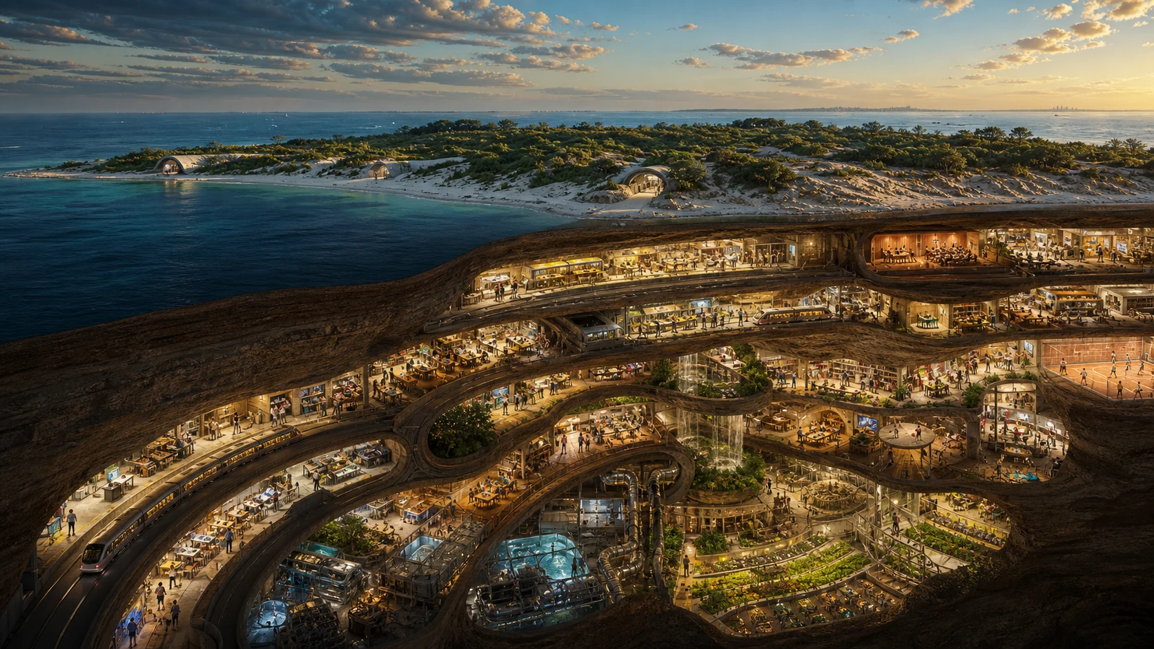 A cinematic cutaway of a living sand island with small surface portals above warm subterranean transport, gardens, workshops, homes, classrooms, music and sport.