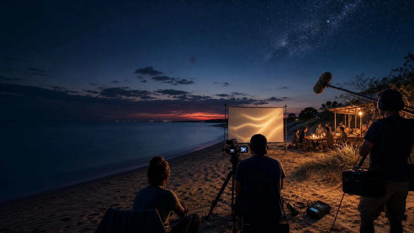 A small documentary crew films a shared table and projection on a sand island shore at blue hour.