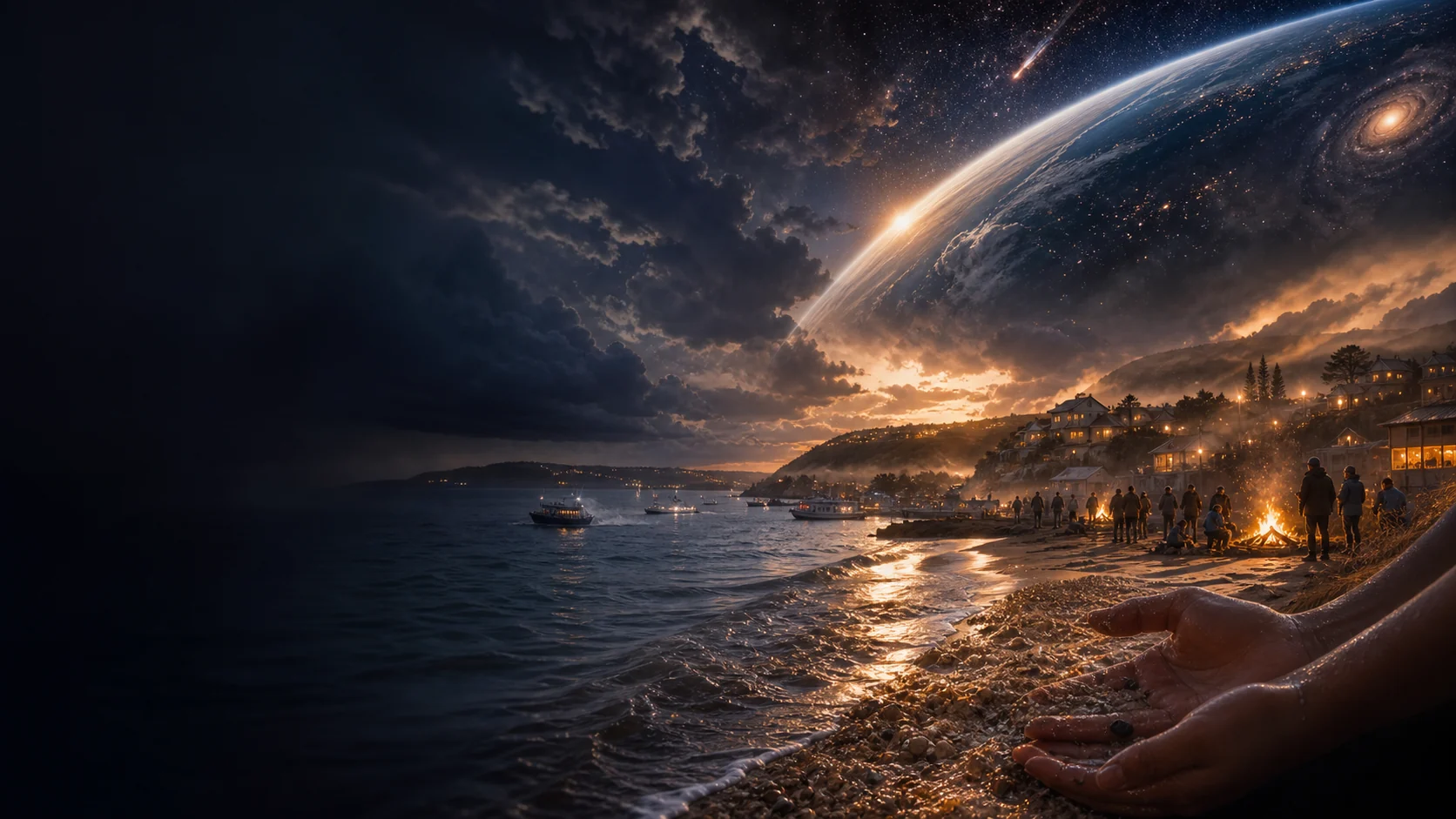 Hands hold sand beside an island community under storm light as Earth and deep space rise above.