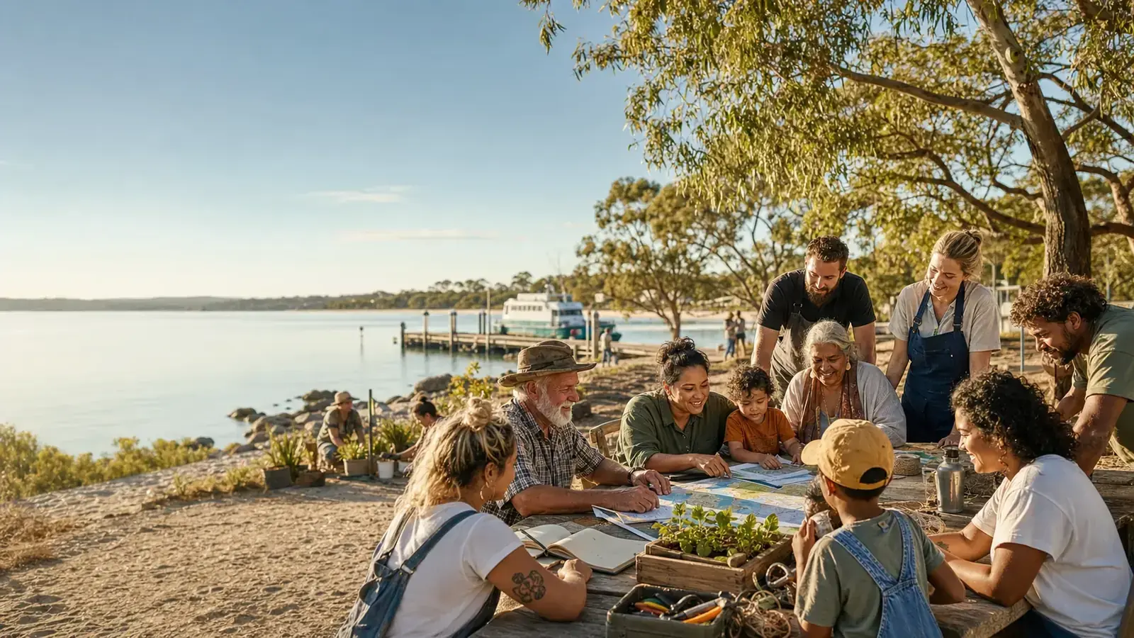 Concept art of neighbours sharing work and value around a common table.