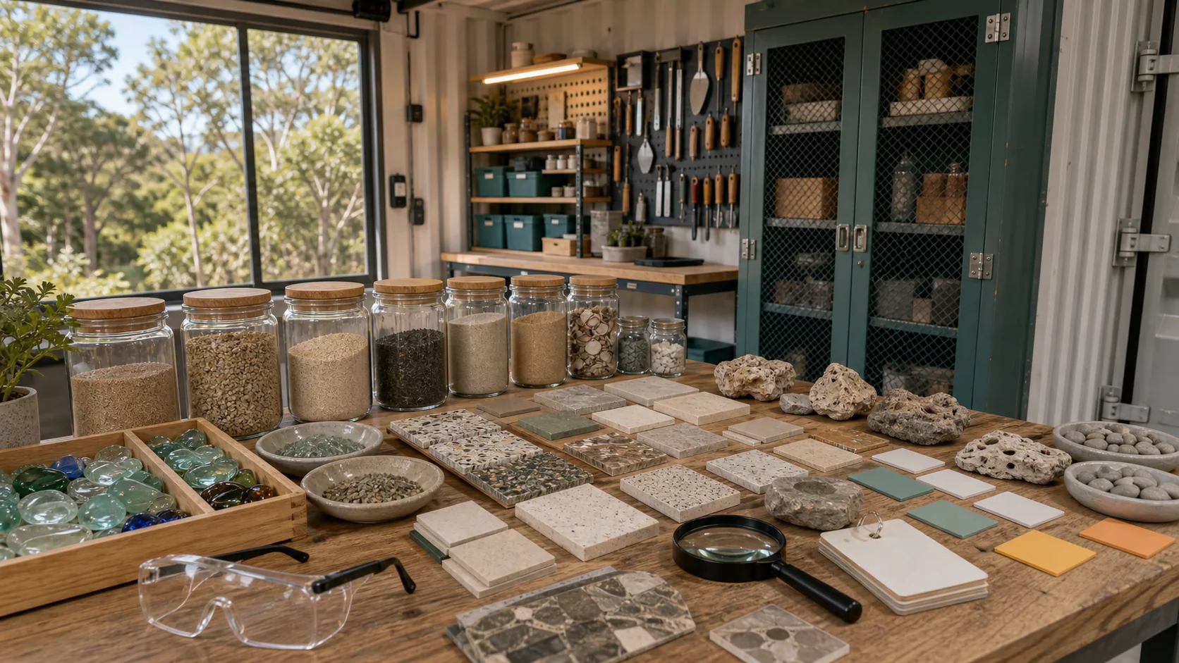 Concept art of a sand and mineral materials display bench in a workshop.