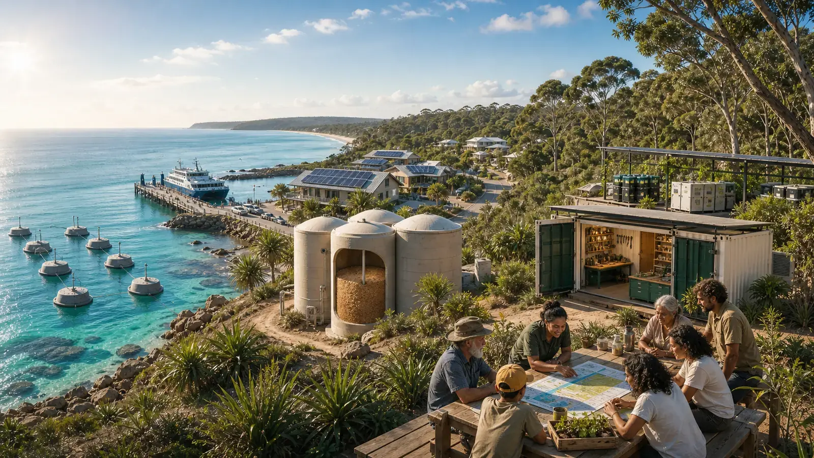 Concept art of island clean energy: rooftops, storage and shoreline.