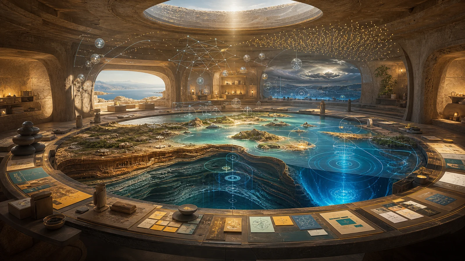Concept art of scenario rooms descending from local risks to cosmic ones.