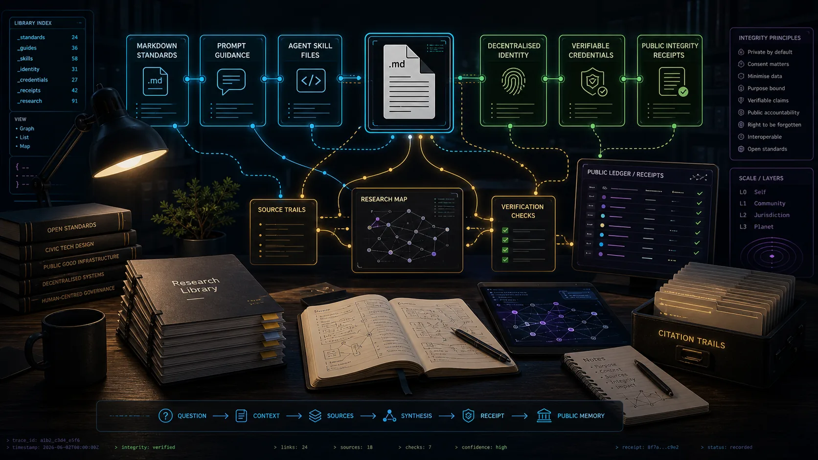 Research library interface connecting Markdown, artificial intelligence context and public-accountability sources