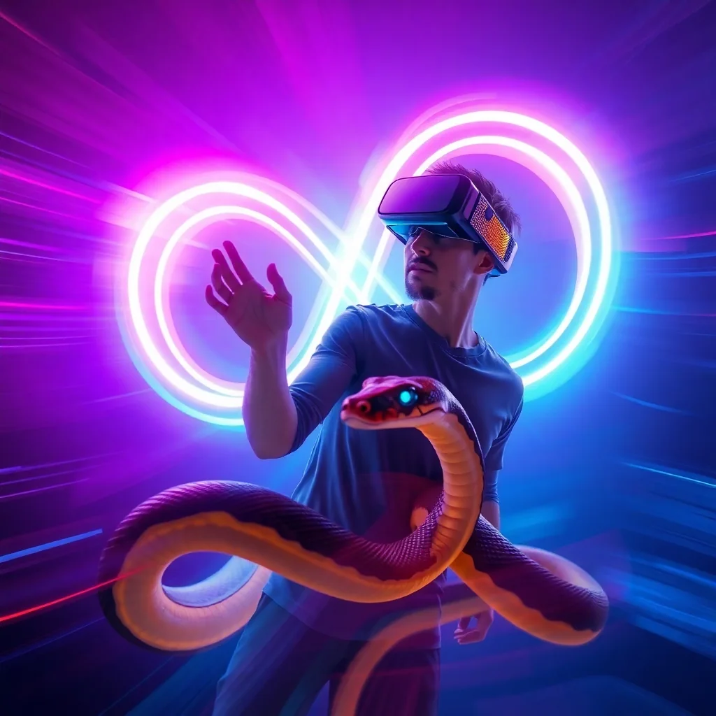 a human and a carpet python caricature engaging with infinity symbol, digital XR intelligence, AI, nature and god (2)
