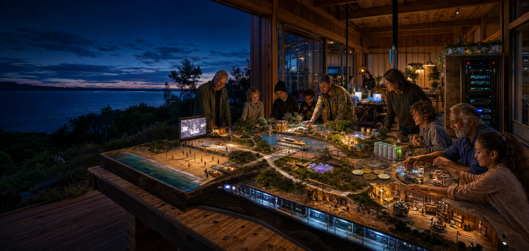 Concept image of an intergenerational coastal workshop gathered around a detailed island project table containing sport, screens, a ferry, making, science, energy and subterranean systems
