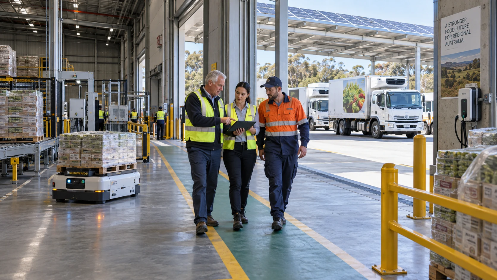 An older freight operator and younger colleagues plan work beside automated pallet handling and electric delivery trucks at an Australian depot.