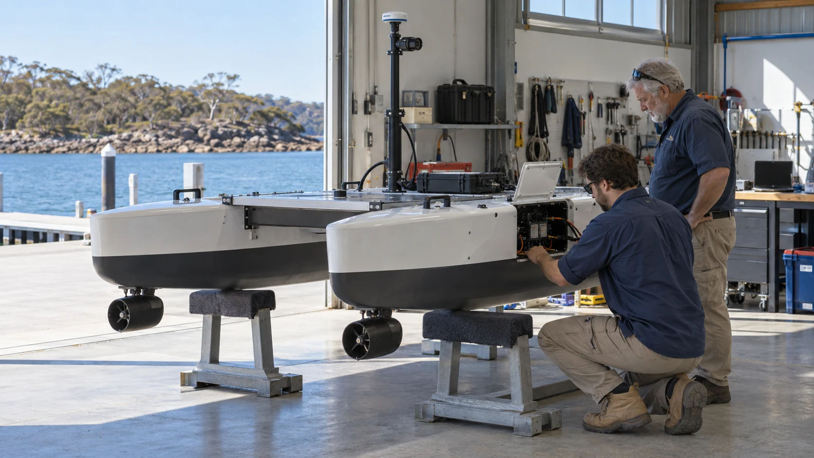 Two marine technicians inspect an autonomous survey catamaran supported on maintenance cradles.