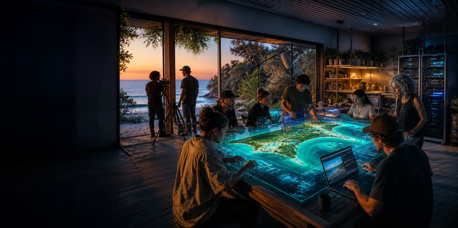 Concept image of a coastal community studio where people gather around a luminous island model with one computing rack nearby