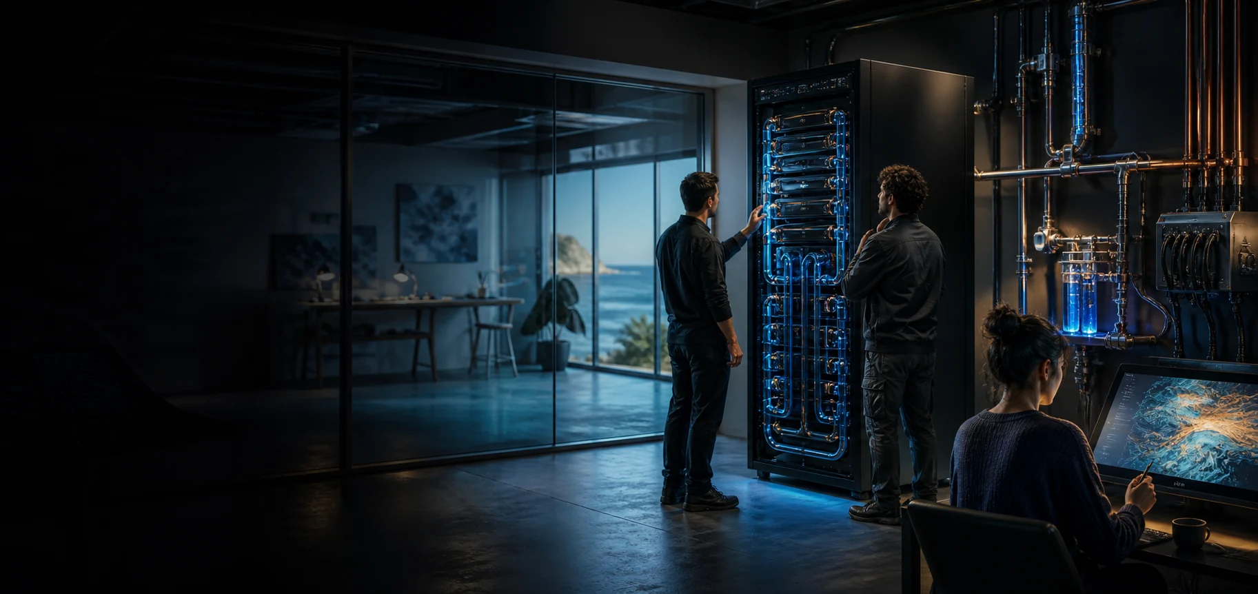 Concept image of two technicians beside one luminous computing rack in a timber coastal workspace
