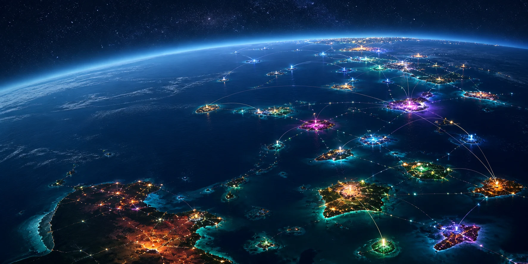 Concept image of colourful island-like intelligence nodes forming a loose constellation across Oceania and the globe