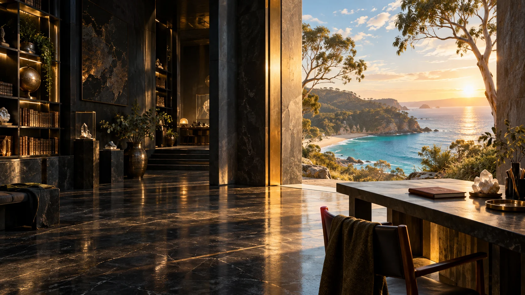 An imagined luminous archive opening towards a sunlit Australian coast