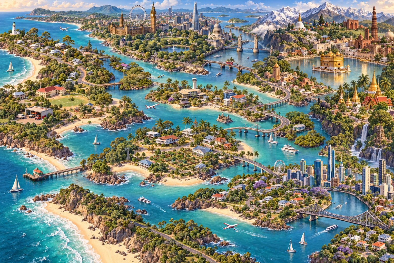 An imagined connected landscape of childhood homes, coastal towns, London, India and travel destinations