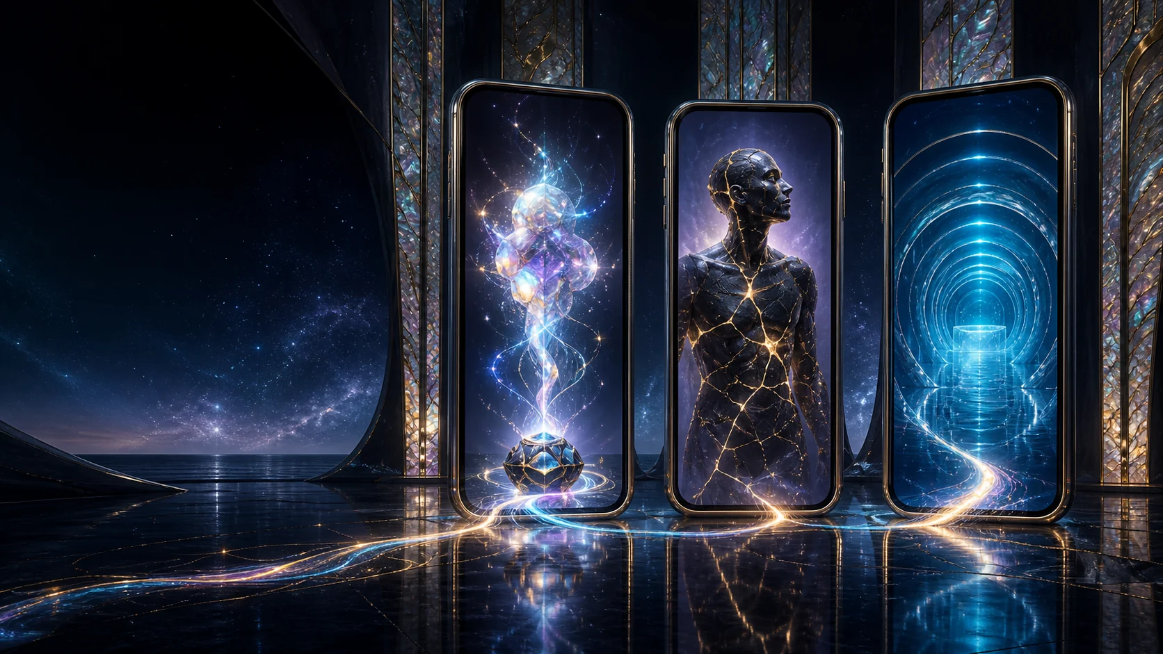A luminous speculative scene with a crystalline figure, a human form and a tunnel of light