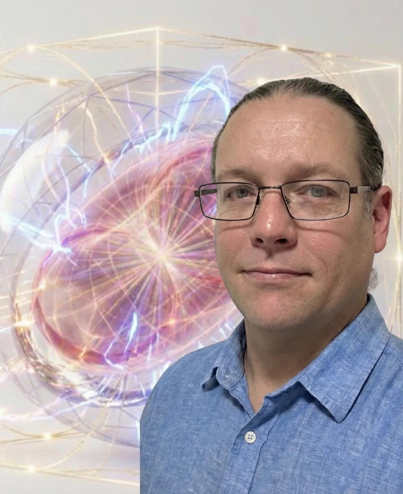 Luke Hayes beside artwork from the Aura project