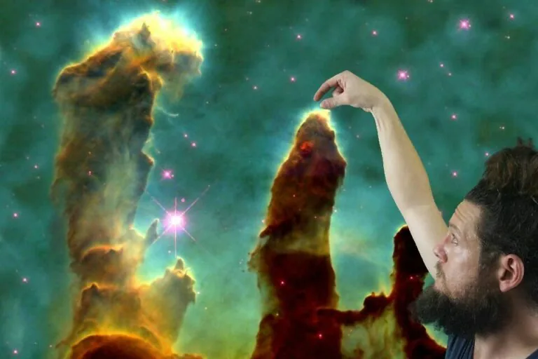Luke reaching towards a glowing pillar in a playful cosmic scene