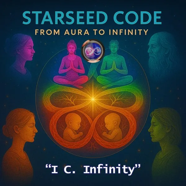 Starseed Code album cover with colourful figures gathered around an infinity form