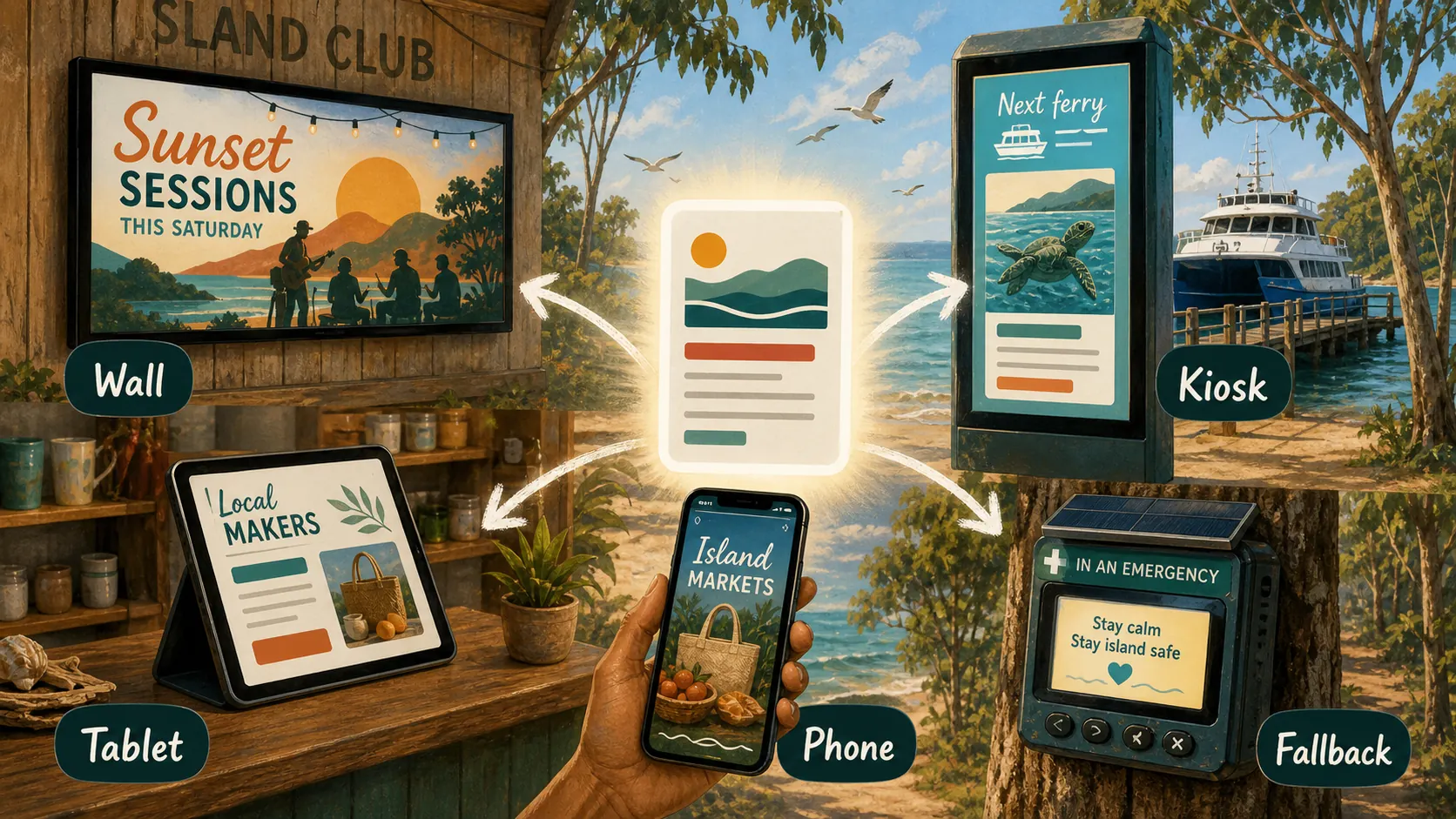 Illustrated island noticeboard system linking a club wall, tablet, phone, ferry kiosk and emergency fallback device.