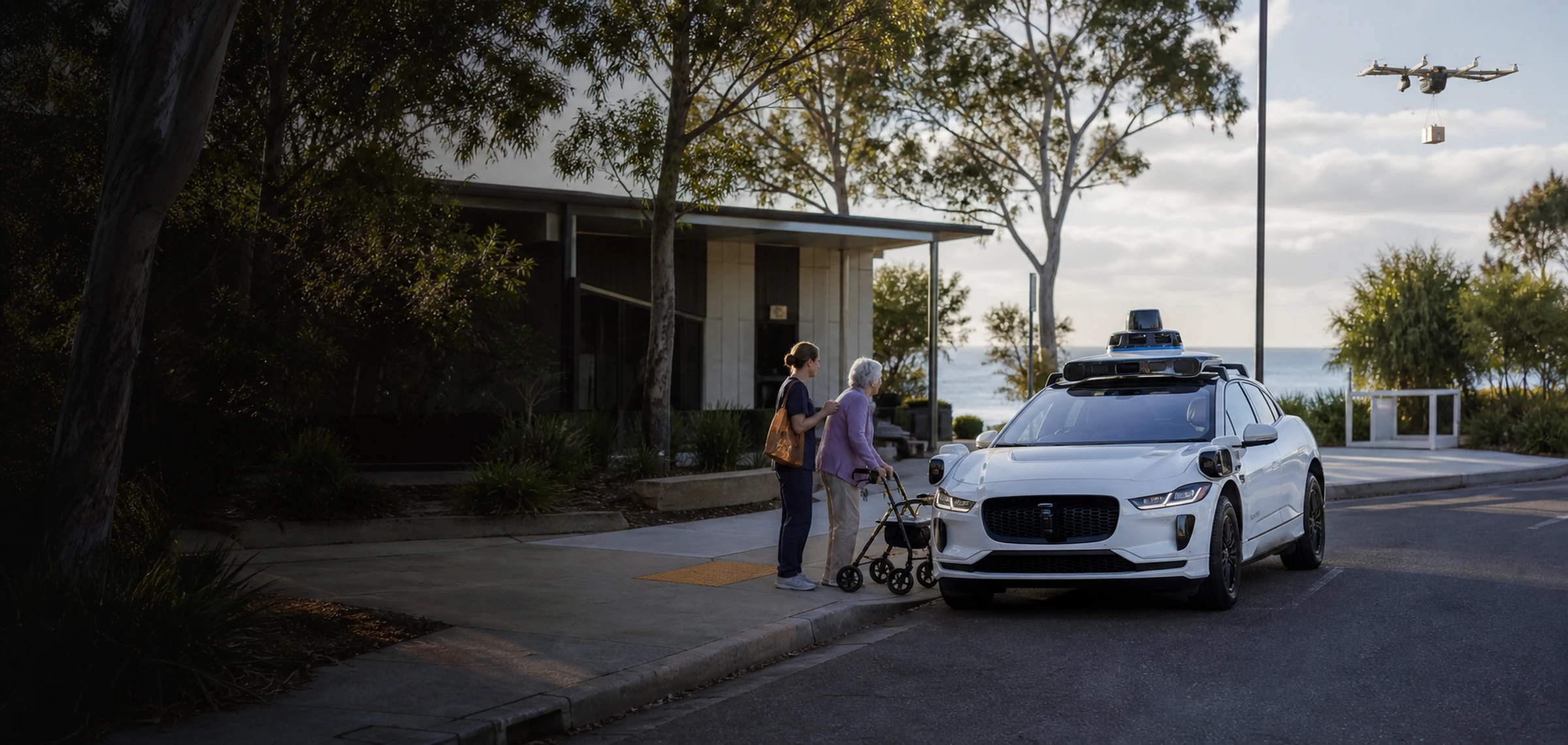An autonomous vehicle helping an older passenger reach a community health service beside Moreton Bay