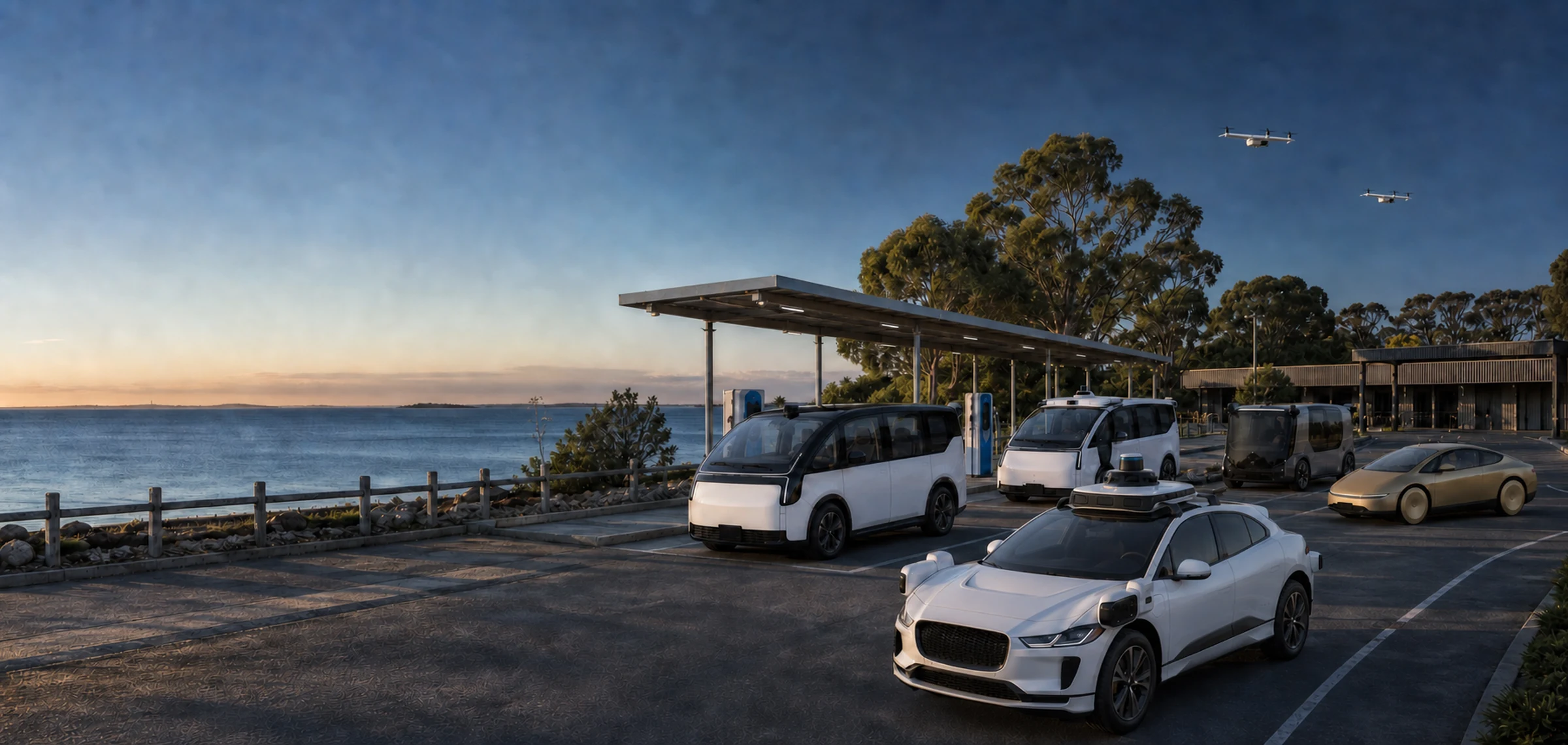 A mixed group of current robotaxi forms at a coastal charging hub
