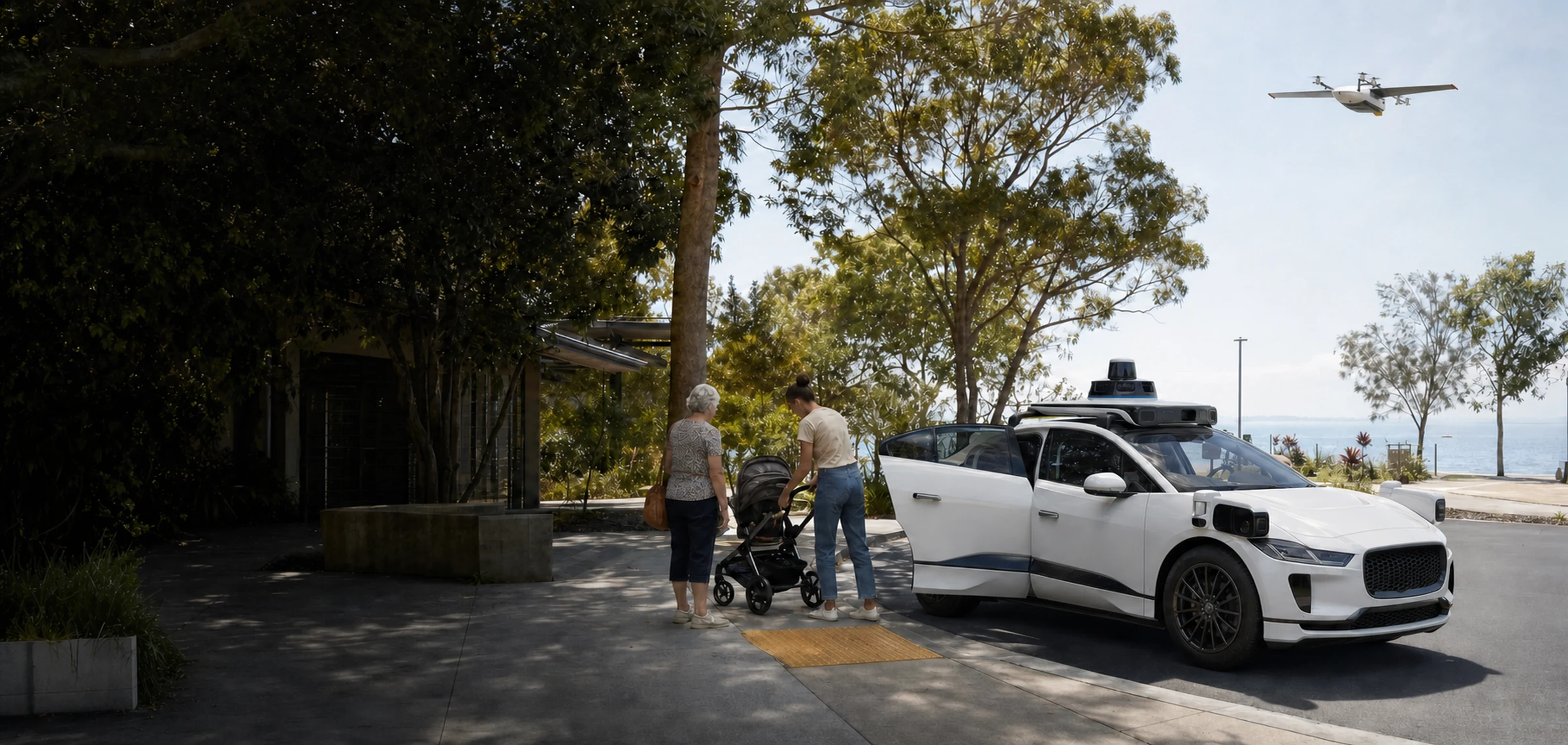An autonomous passenger vehicle at an accessible Moreton Bay neighbourhood stop with a delivery aircraft overhead