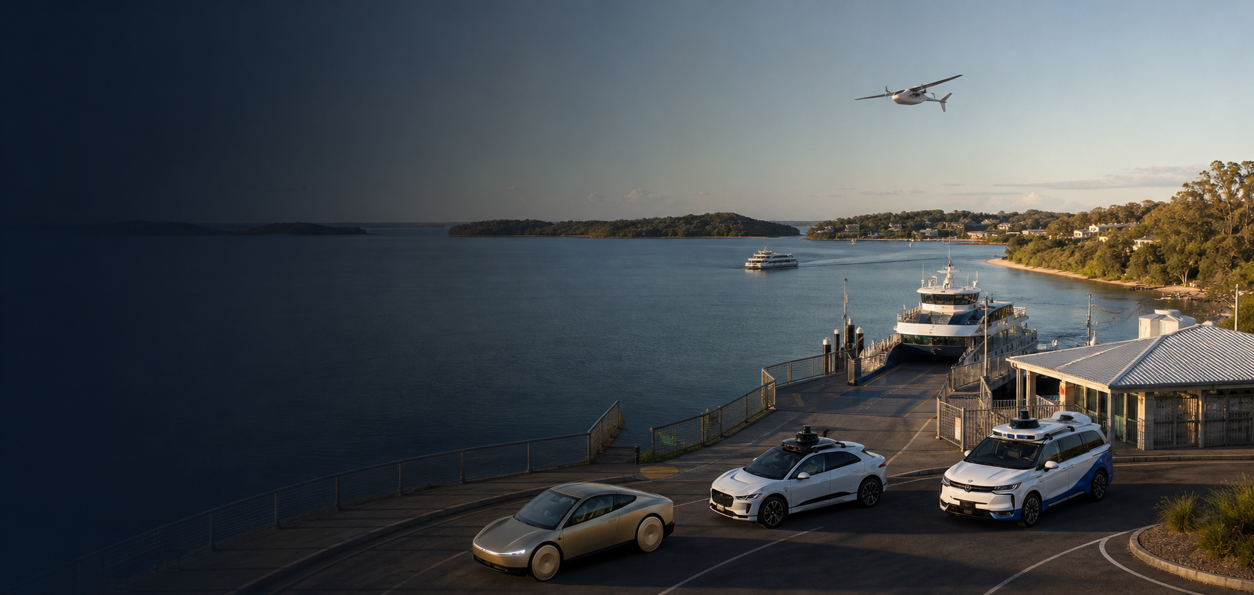Cybercab, Waymo Jaguar I-PACE and Baidu Apollo RT6-style robotaxis beside ferries at a Moreton Bay island terminal