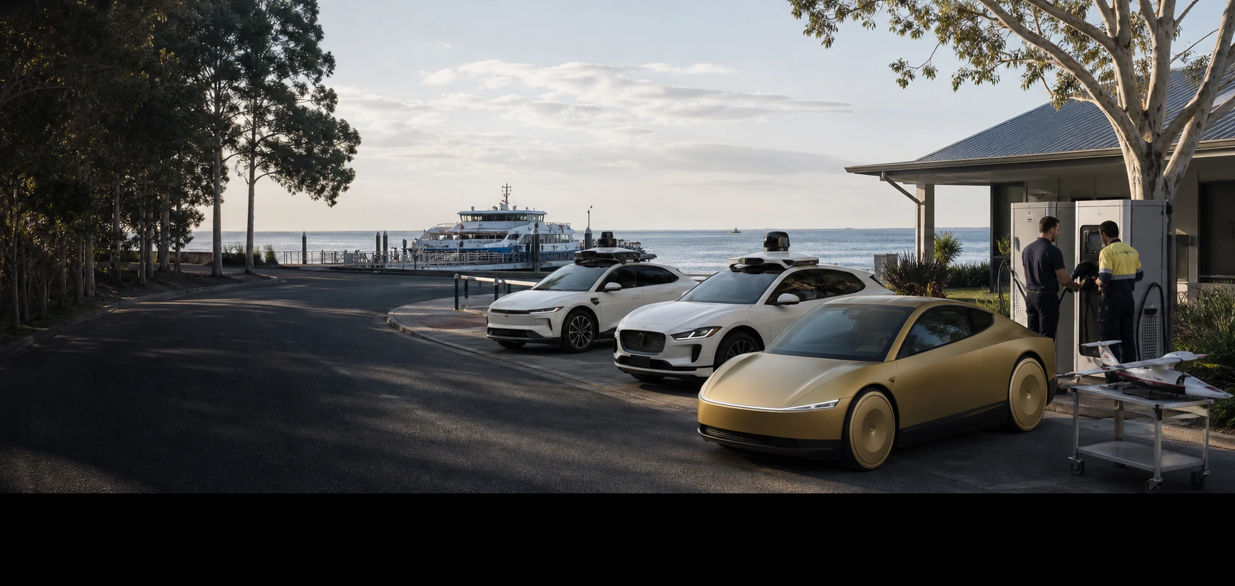 Tesla Cybercab, Waymo Jaguar I-PACE and Baidu Apollo RT6-style robotaxis beside a Moreton Bay ferry terminal charging hub