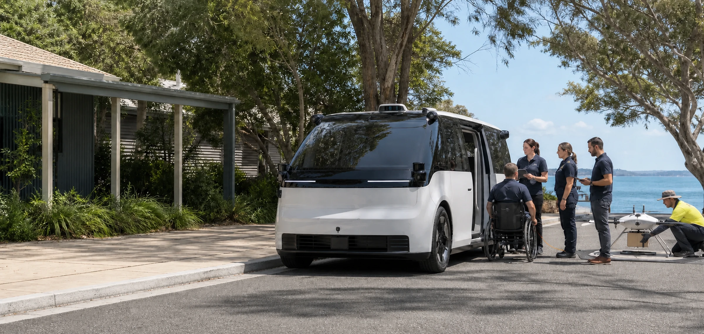 A wheelchair user and workers reviewing an autonomous passenger vehicle and delivery operation