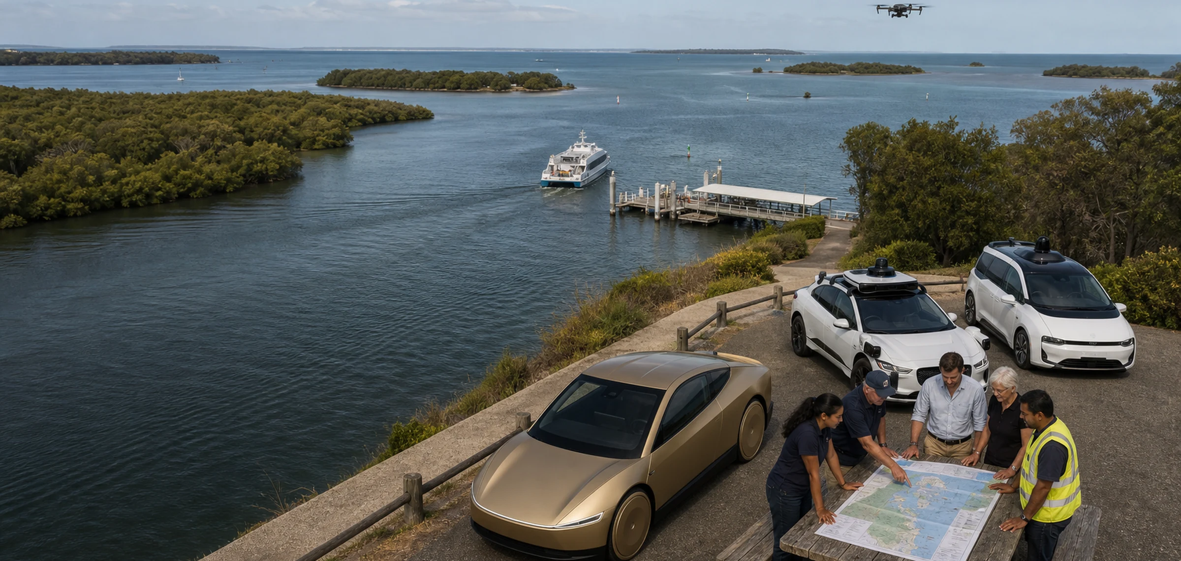 Community members mapping Moreton Bay ferry routes beside autonomous passenger vehicles